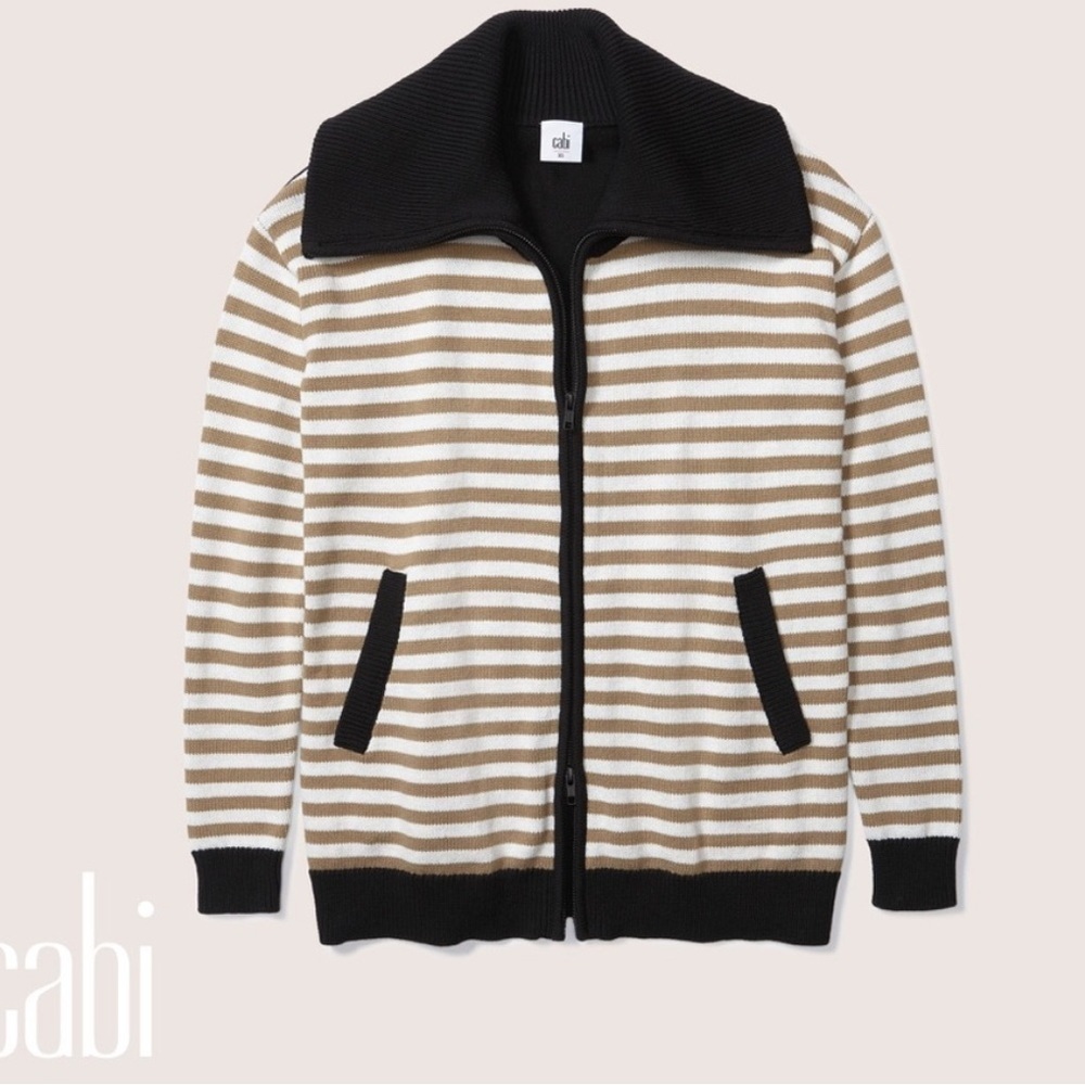 Cabi Mascot Zip Cardigan Brown & White Stripes with‎ Black Trim & Collar